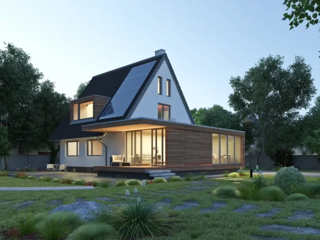 Maison moderne avec panneaux solaires au crépuscule.